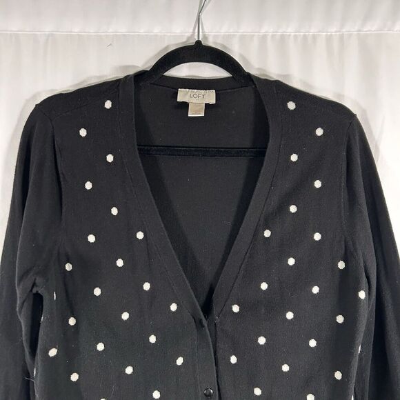 LOFT Cardigan Women's Large Black Polka Dot Button Front Long Sleeve Cotton - Picture 2 of 6